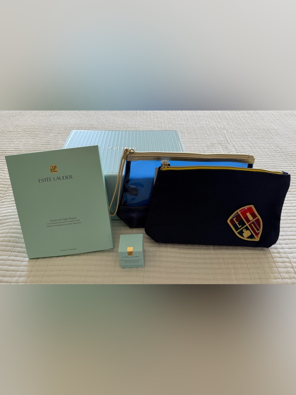 Estée Lauder Night Skincare Set with 2 Navy Blue Cosmetic Pouches in Gift Box